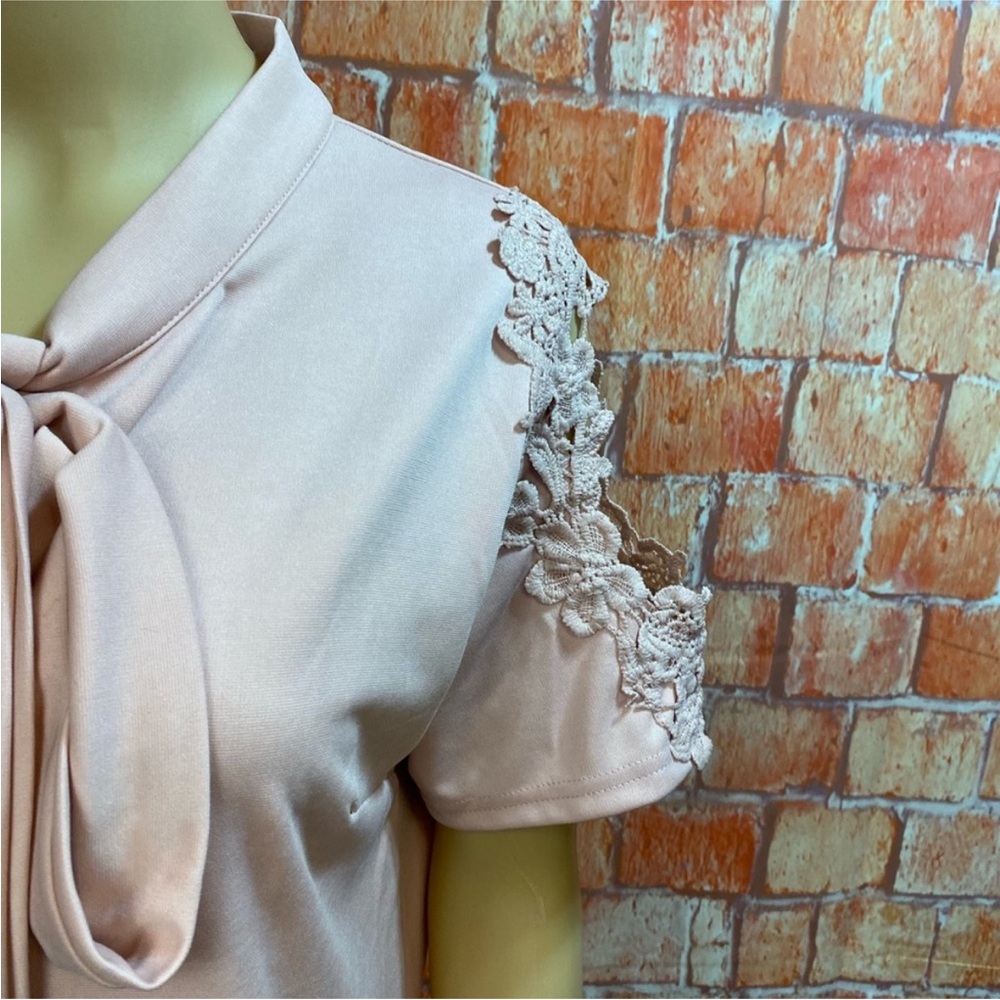 Sheilay Pink Lace Cold Shoulder Bow Tie‎ Shift Tunic Dress - Picture 5 of 10